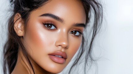 Fototapeta premium close up face portrait of young gorgeous multiracial woman with bright flawless skin, beauty cosmetic or skincare fashion portrait with nature sunlight