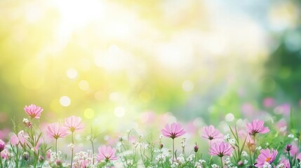 Soft focus pink wildflowers against a dreamy bokeh backdrop in a vibrant spring field, ideal for serene backgrounds with ample copy space.