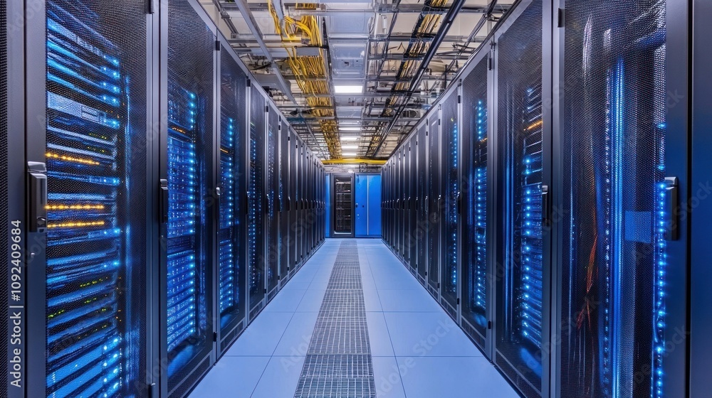 Aufkleber illuminated server racks line modern data center corridor