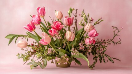 Fototapeta premium Vibrant spring flower arrangement featuring pink tulips, delicate blossoms, and lush greenery against a soft pastel pink background.