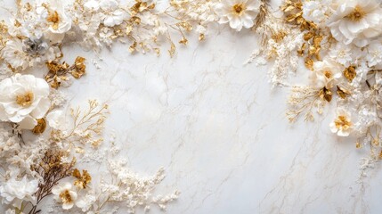 Elegant wedding backdrop with white and gold flowers on a white marble surface, featuring an aerial perspective and empty space for personalization.