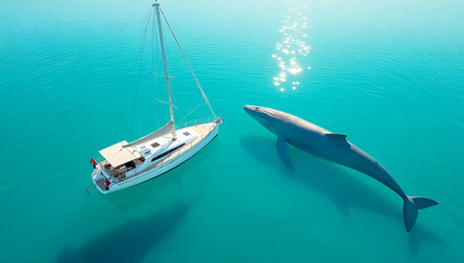 Fototapeta premium An aerial view of a white sailboat with a beige canopy, floating on calm turquoise waters 