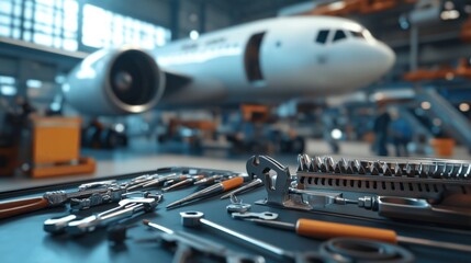 Close-up of a plane mechanic toolkit with various specialized tools used for aircraft repairs, highlighting the equipment necessary in aviation maintenance