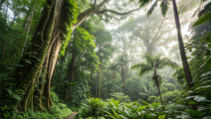 Lush rainforest with towering trees and dense foliage