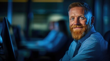 Obraz premium Confident businessman with a full beard smiling at a desk, illuminated by soft blue light, colleagues working in the background of a modern office setting.