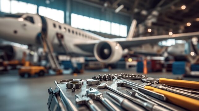 Close-up of a plane mechanic toolkit with various specialized tools used for aircraft repairs, highlighting the equipment necessary in aviation maintenance