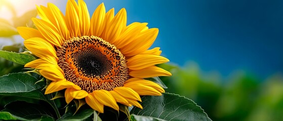 Fototapeta premium Vibrant Close-up of a Blooming Sunflower with Green Leaves