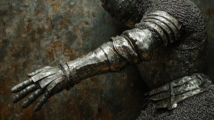 Fototapeta premium Medieval warrior in intricately detailed silver chain mail and leather, poised for battle with a weathered backdrop showcasing battle-worn armor.