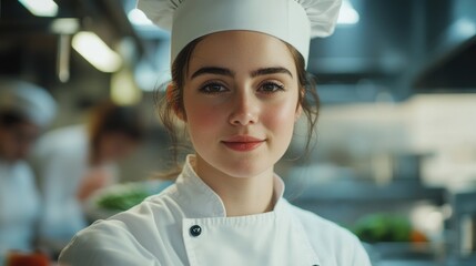 Professional young female chef in a crisp white uniform and hat, showcasing confidence and expertise in a busy culinary kitchen environment.