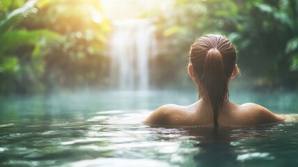 Fototapeta premium Young caucasian female enjoying tranquil waterfall in lush green forest