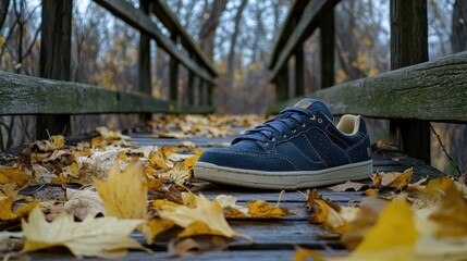 Sneaker on wooden bridge blanketed with yellow autumn leaves in a tranquil forest setting