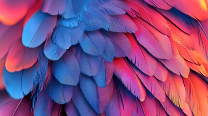 Fototapeta premium Colorful bird feather texture showcasing a vibrant blend of blue, pink, and purple hues with smooth, overlapping layers creating a striking visual effect.
