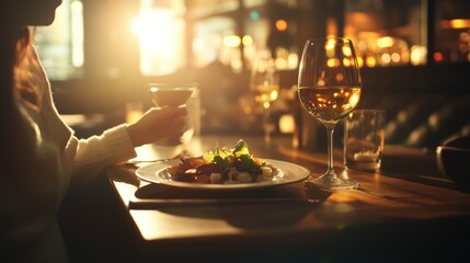 Woman enjoying fine dining.