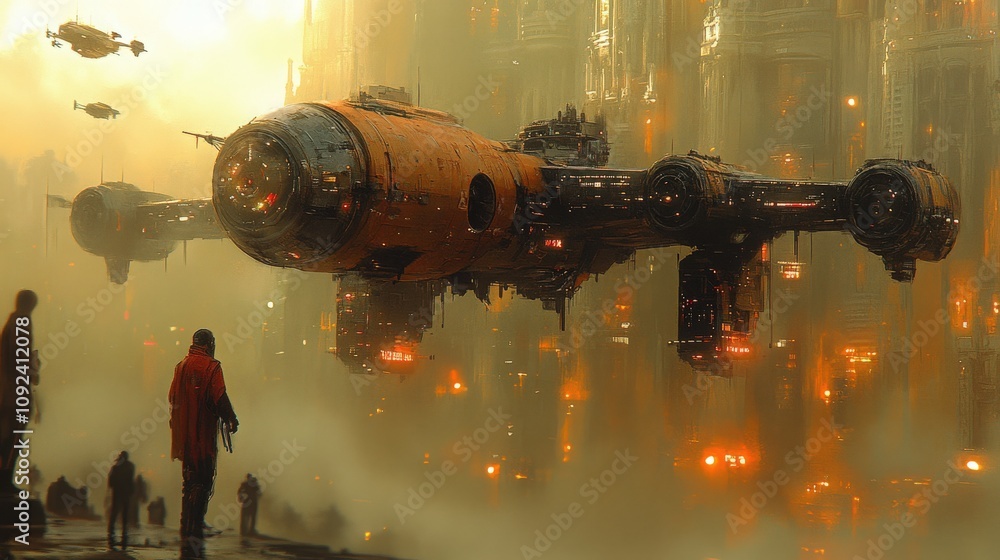 Poster futuristic spacecraft hovering above a fog-covered urban landscape with figures observing in an atmo