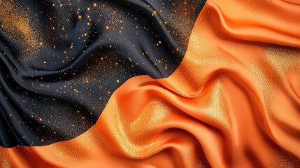 Wavy silk fabric backdrop in vibrant orange and deep black, embellished with shimmering golden...