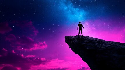 Fototapeta premium Person Standing on Cliff under Starry Sky
