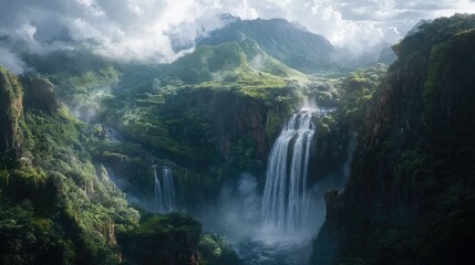 Fototapeta premium Breathtaking panorama of cascading waterfalls surrounded by lush green mountains and dramatic clouds under a vibrant sky