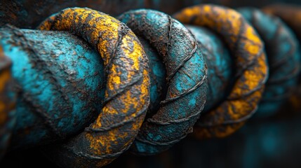 Close-up of a rusted, colorful industrial chain.