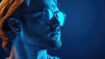 Profile of a concentrated male programmer wearing glasses, featuring a thoughtful expression and illuminated by a blue ultraviolet studio backdrop.