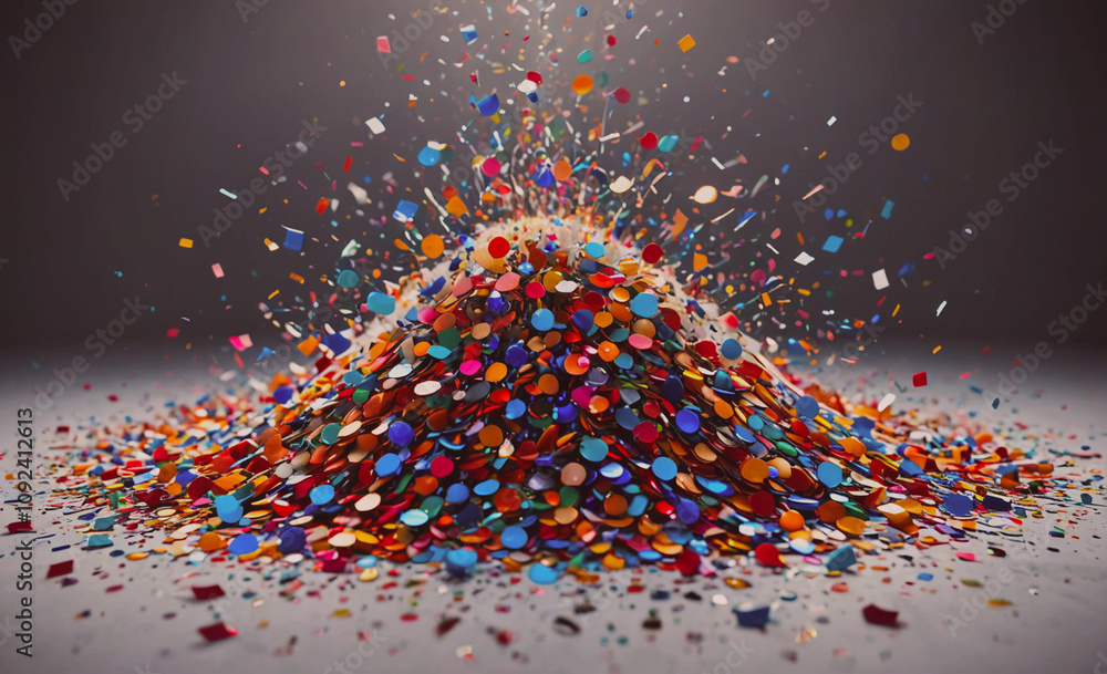 Poster Pile of colorful confetti. The confetti is in various colors and sizes. The pile is on a gray surface