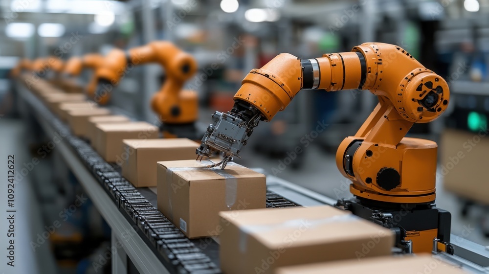 Poster industrial robotics automation in a modern warehouse with orange robotic arm sorting cardboard packa
