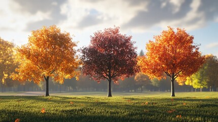Obraz premium Three vibrant autumn trees displaying a stunning array of orange, red, and yellow leaves in a serene outdoor park during the fall season.