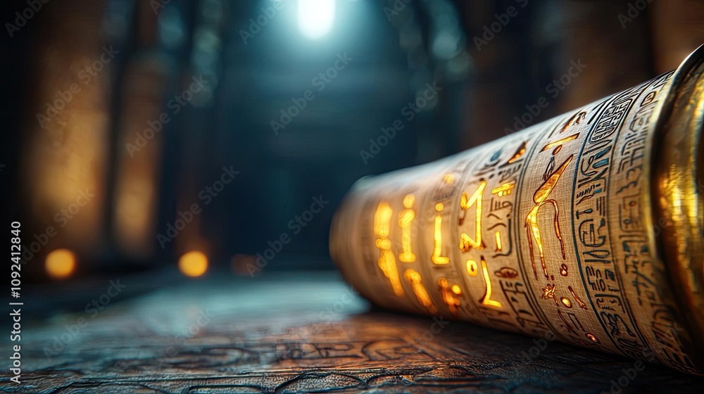 Poster ancient scroll with inscriptions, illuminated in a mystical environment.