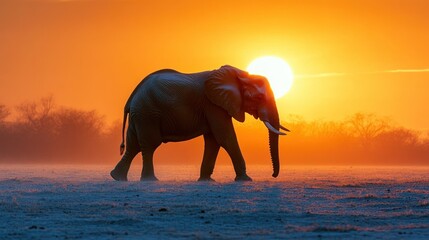 Obraz premium Elephant Walking Across Savanna at Sunrise