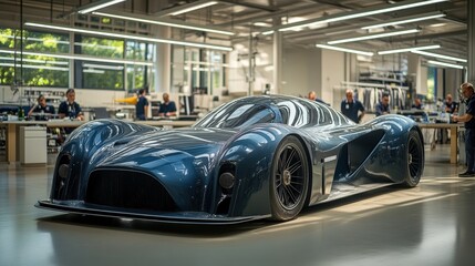 Fototapeta premium Sleek Blue Sports Car on Display in Modern Automotive Workshop with Technicians and Bright Natural Light