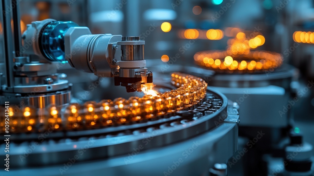 Poster advanced robotic automation in a manufacturing facility with precision machinery and bright lights e