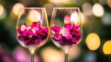Slats personalizados para cozinha com sua foto Pair of wine glasses filled with vibrant pink rose petals, set against a beautifully blurred bokeh background creating a romantic ambiance.