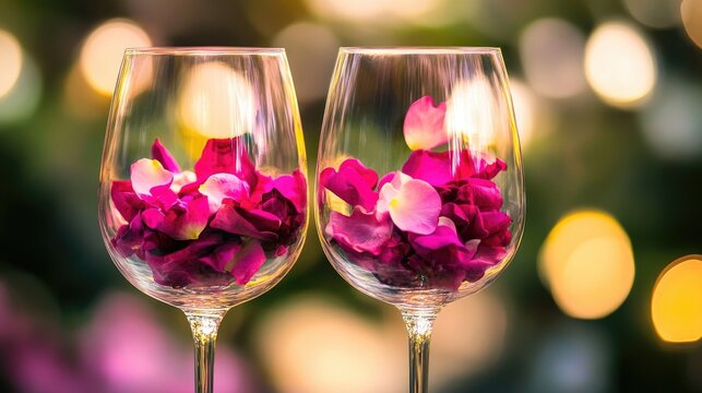 Pair of wine glasses filled with vibrant pink rose petals, set against a beautifully blurred bokeh background creating a romantic ambiance.