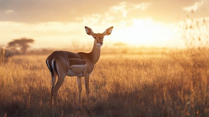Naklejka premium Impressive impala elegantly posed in a golden-hued savanna at sunset, highlighting the serene beauty of wildlife in its natural habitat.