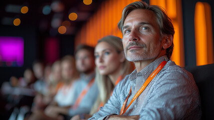 Obraz premium A close-up of a satisfied man attending a marketing conference, showing a confident smile and engaged expression, reflecting his positive experience.
