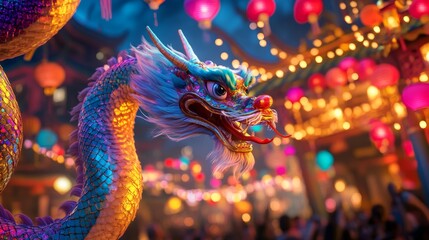 Fototapeta premium Colorful snake and dragon fusion dance celebration vibrant festival location cultural event nighttime festive atmosphere
