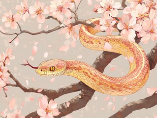 Obraz premium Snake encircling blooming cherry blossoms nature scene illustrated art serene environment vibrant colors symbol of renewal