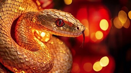 Fototapeta premium Majestic golden snake coiled around glowing red lantern enchanting display vibrant night market nature's art close-up cultural symbolism
