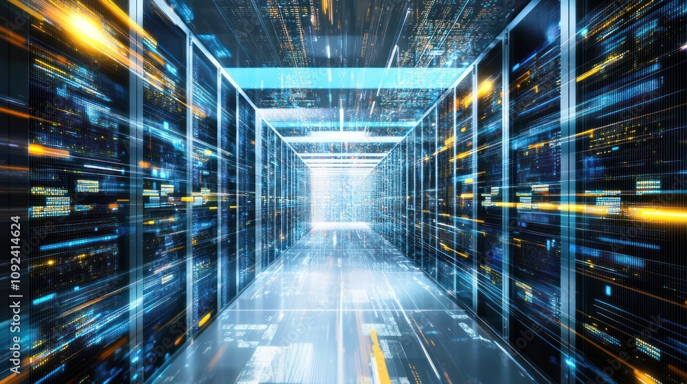Poster data center corridor showing fast data transfer speeds