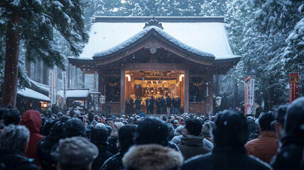 Obraz premium 雪景色の初詣と人々の祈り