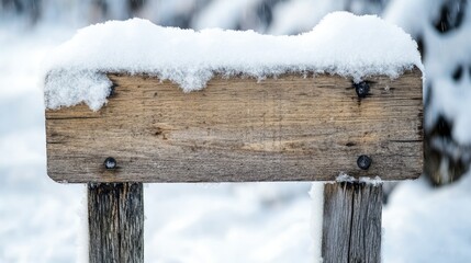Snow-covered wooden signboard resting on two posts, featuring a blank space for customizable text, surrounded by a serene winter landscape.