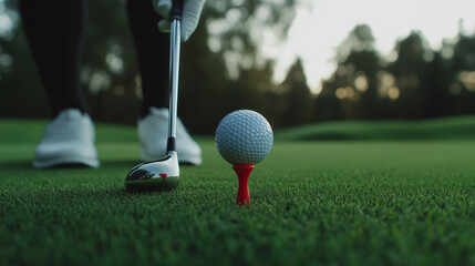 Golfer Preparing to Strike a Red Ball on the Green
