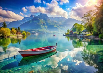 Obraz premium Enchanting Double Exposure View of Lake Annecy with a Serene Boat, Capturing the Beauty of Nature and Tranquility in France's Scenic Landscape