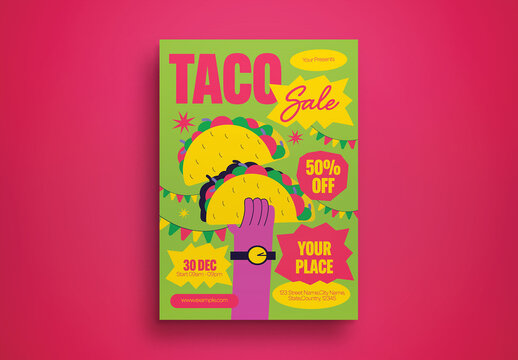 Green Quirky Illustration Taco Sale Flyer Layout