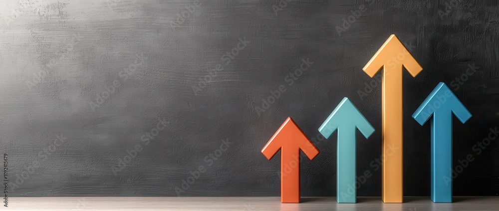 Poster a minimalistic image featuring colorful arrows pointing upwards, symbolizing growth and progress aga