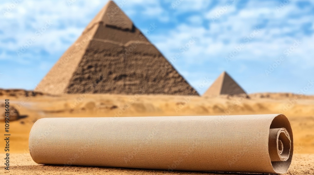 Poster scroll of paper in front of the great pyramids in a desert landscape.