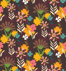 Fototapeta premium Abstract daisies and sunflowers seamless pattern design. Design for fabric, textile, paper. Spring colorful vector illustration, flowers with leaves
