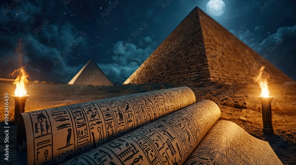 Poster ancient scrolls with hieroglyphs in front of pyramids under a moonlit sky.