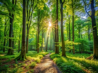 Fototapeta premium Enchanting Forest Scene in the Woods Captured with Rule of Thirds, Showcasing Lush Greenery, Sunlight Filtering Through Leaves, and a Serene Atmosphere for Nature Lovers