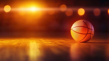 Basketball on a blurred wooden floor with warm glowing lights in the background, featuring ample space for text or promotional content.