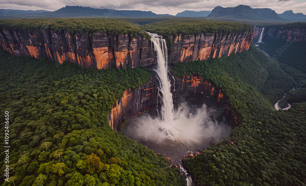 Poster waterfall is in the middle of a forest. the waterfall is surrounded by trees and rocks. the water is